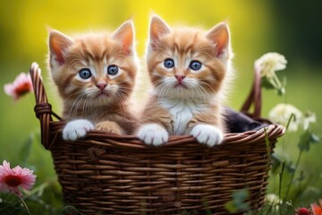 Fototapeta na wymiar Two adorable kittens enjoying the outdoors as they sit in a basket filled with lush green grass, Three kittens in a basket with a green grass background, captured in a close-up shot, AI Generated