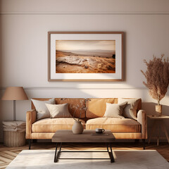 A living room with white wall decor and an empty 2:3 proportion framed artwork