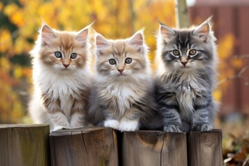 Three adorable kittens sitting in a row on a sturdy wooden fence, Three Siberian breed kittens sitting on a wooden fence, AI Generated
