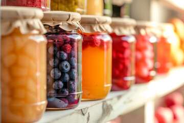 Assorted Preserved Fruits in Mason Jars on Wooden Shelves, Home Canning"..