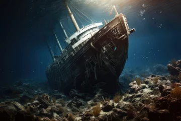 Foto op Canvas Abandoned Ship in the Vast Ocean, Surrounded , Titanic shipwreck lying silently on the ocean floor, showcasing the immense scale of the fragmented structure, AI Generated © Iftikhar alam