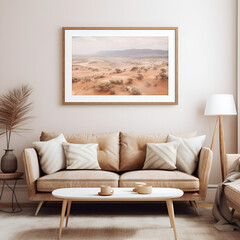 A living room with white wall decor and an empty 2:3 proportion framed artwork