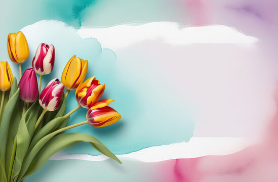 Multicolored watercolor background with fresh spring colored flowers with free space for your advertisement. Spring, Easter, birthday, mother's day