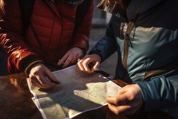 A couple observes a map closely, strategizing their upcoming journey to ensure a memorable travel experience, Tourists checking a map, top section cropped, no visible faces, front view, AI Generated