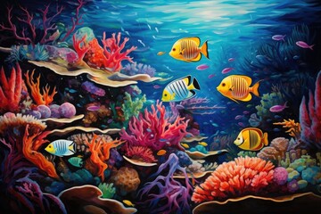 A vibrant painting capturing the beauty and diversity of a coral reef, teeming with colorful fish, Tropical coral reefs and marine life with colorful fishes, AI Generated