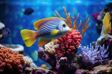 Fototapeta na wymiar Fish Swimming in Water, A Captivating Underwater Image of a Graceful Fish in Its Natural Habitat, Tropical fish showcased in an aquarium, providing a glimpse into the underwater world, AI Generated