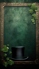 Green grunge background with typical Irish leaf decoration and an Irish hat with an elegant green texture generative AI