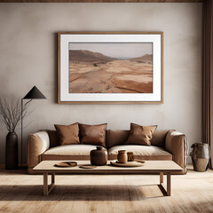 A living room with white wall decor and an empty 2:3 proportion framed artwork