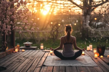 A young woman doing a yoga with candles in spring evening garden - obrazy, fototapety, plakaty