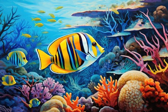 This vibrant painting captures the beauty of a fish swimming amidst a lively coral reef, Tropical fish depicted on a coral reef in the ocean, creating an underwater scene, AI Generated