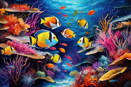 A stunning painting capturing the beauty of a group of fish as they gracefully glide through the ocean, Tropical fish depicted on a coral reef in the ocean, creating an underwater scene, AI Generated