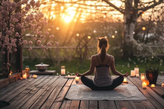 A young woman doing a yoga with candles in spring evening garden