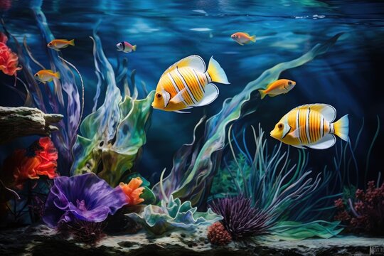 A vibrant painting captures the lively movement of fish swimming gracefully within an aquarium, Tropical fish showcased in an aquarium, providing a glimpse into the underwater world, AI Generated