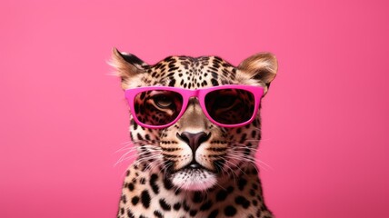 A leopard confidently wears pink sunglasses as it poses against a vibrant pink background.