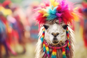  A llama adorned with a vibrant headdress and feathers. © pham