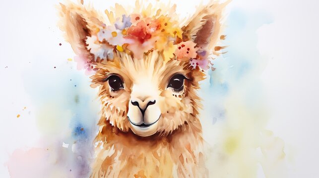 Cute alpaca watercolor painting acrylic illustration reproduction