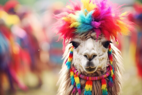 A llama adorned with a vibrant headdress and feathers.