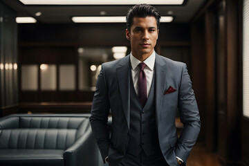Handsome hispanic senior business man with crossed arms smiling at camera. Indian or latin confident mature good looking middle age leader male businessman on blur office background with copy space.
