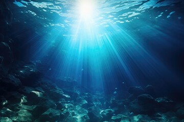 Fototapeta na wymiar Underwater Ocean View With Sunlight Piercing Through Crystal Clear Water, Underwater Ocean - Blue Abyss With Sunlight - Diving And Scuba Background, AI Generated