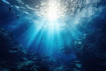 Poster The sun shining through the water in the ocean produces a captivating and beautiful sight, Underwater Ocean - Blue Abyss With Sunlight - Diving And Scuba Background, AI Generated © Iftikhar alam