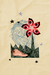 Collage image picture of weird growing flowers with unusual petals human eyes isolated on creative...