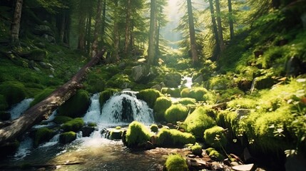 View of waterfall in deep forest. waterfall view in nature. Waterfall landscape in forest. waterfall view in spring. Nature landscape in forest. sun rays falling into the forest