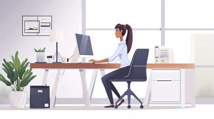 Woman in the office, seated at her desk, is engaged in her work