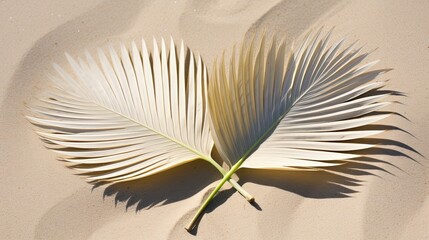 two palm leaves on the sand. copy space. Generative AI