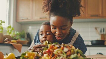 Mother and child bonding over composting in a heartwarming kitchen moment.