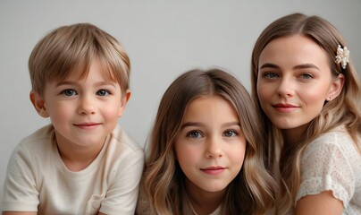 Family Harmony: Special Mother with Two Kids, and Endless Smiles Illuminating the Scene, on white background 