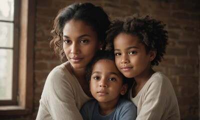 Fototapeta premium Special Moments: Radiant Joy in a Happy Afro American Family with a Loving Mom and Two Adorable Kids