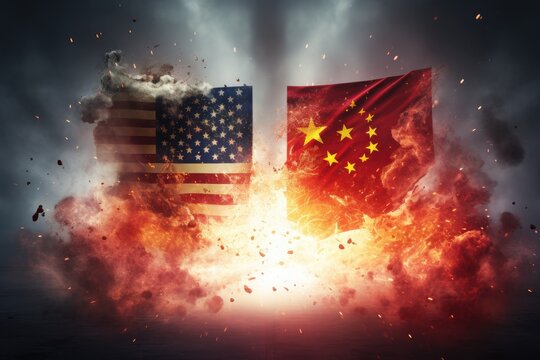 Two flags burn in the midst of a blazing fire, creating a captivating and powerful image, USA vs China flag on fire, with fire separating the two flags, AI Generated