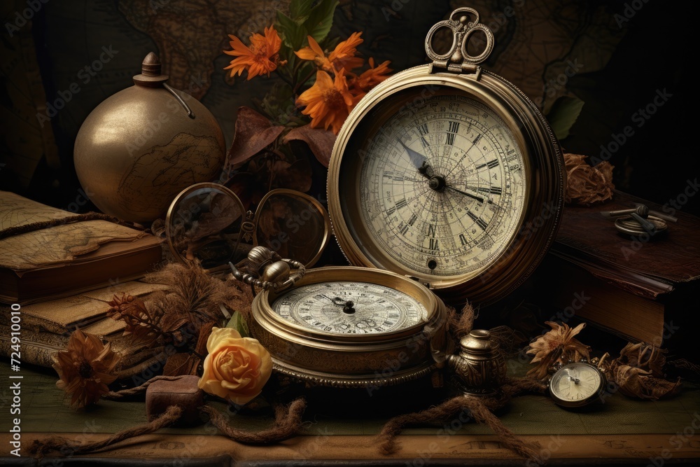 Poster a detailed view of a clock and other objects resting on a table, vintage still life featuring a comp