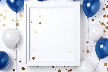 White Frame Surrounded by Balloons and Confetti, Celebrating in Style, White frame on a white background with blue balloons and confetti, AI Generated
