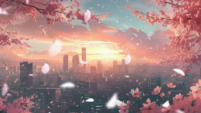 Spring in the city with pink cherry blossom trees, cartoon or anime watercolor painting illustration style, seamless looping 4K virtual video animation background