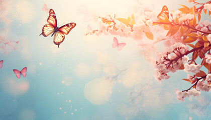 butterfly flies over pink blossom with springtime background, pastel dream, cherry blossom, serene and peaceful ambiance - obrazy, fototapety, plakaty