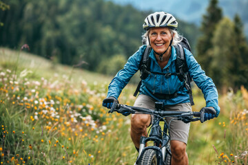Senior Woman Enjoying Mountain Biking. Generative AI