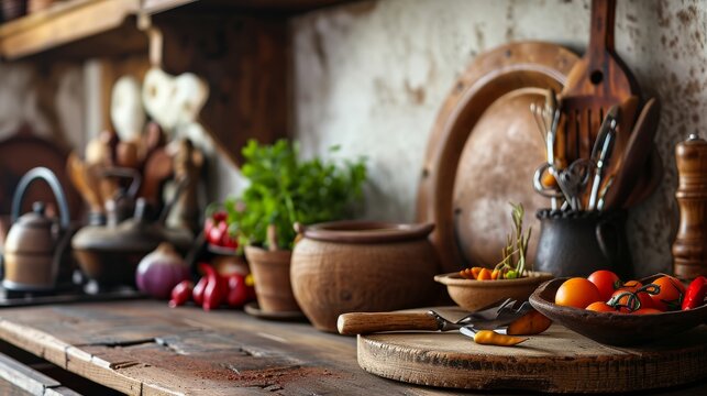 Wooden Counter Filled With Various Pots and Pans Containing Fresh Vegetables, Hispanic Heritage