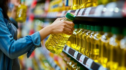 Woman buying cooking oil in a supermarket closeup, woman buying cooking oil, oil in the supermarket, oil supermarket, oil row in the supermarket, fresh oil in the supermarket, oil in the store, oil  - obrazy, fototapety, plakaty