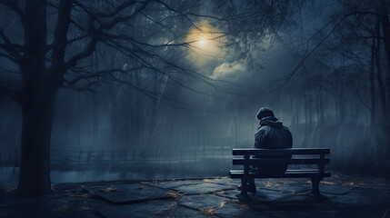 Sad man sitting alone. Depression and loneliness concept - obrazy, fototapety, plakaty