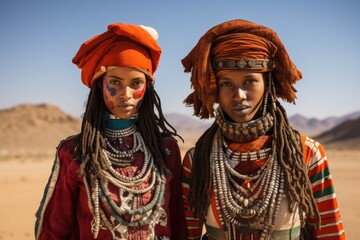 In this captivating photograph, two young women with painted faces soak in the beauty of the desert, women in tribal outfits pose for a photo in the desert, AI Generated