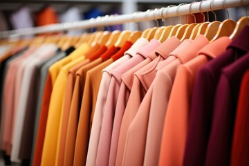 Obraz premium A diverse collection of shirts, sporting different colors and styles, neatly arranged on a clothing rack, Women's coats on hangers in a store, AI Generated