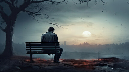 Sad man sitting alone. Depression and loneliness concept