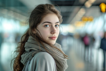 Fototapeta premium portrait of a young woman at the airport or train station
