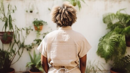 Diverse woman in gardener attire, viewed from the back, smiling in front of a lush garden scene.