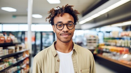 A cashier man at a grocery store, standing in a horizontal portrait.