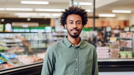 A grocery store cashier man with varied skin tone, captured in a horizontal shot.