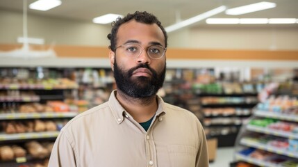 Fototapeta premium Horizontal snapshot of a cashier man at work in a grocery store.