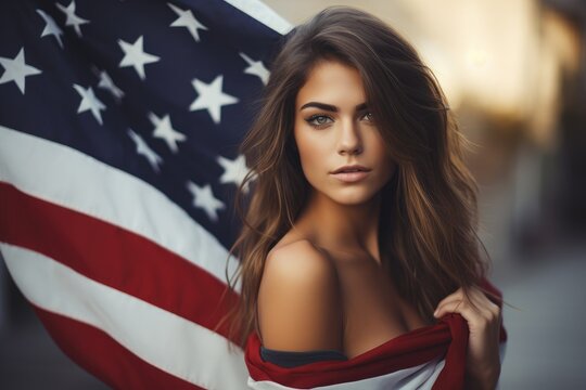 A striking image of a stunning young woman proudly holding an American flag, Young beautiful woman holding the USA flag, AI Generated