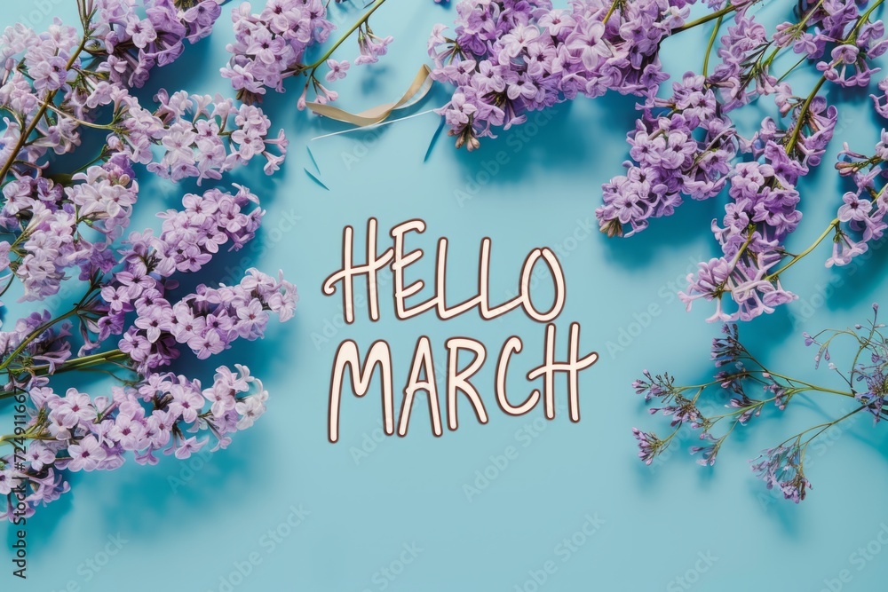 Poster hello march hand written text with lilacs on a blue background generative ai